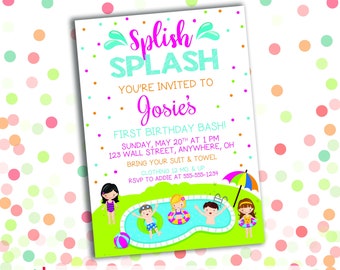 Splish Splash Birthday Invitation - Pool Party Invitation - Swimming Invitation - Girl Invitation - Printable - 5x7 Invitation