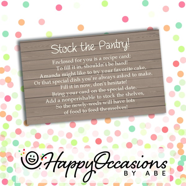 Printable Customized "Stock the Pantry" Bridal Shower Insert-3x5 size