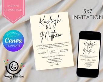 Modern Script Wedding Invitation Template, Elegant Minimalist Design, Customizable Canva Invite, Chic Simple Marriage Announcement, 5x7