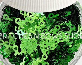 Green Ribbons || Awareness Ribbon Glitter Shape, 1oz Jar • OPAQUE • || 6mm