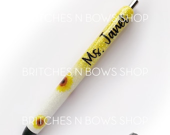 Sunflower Glitter Pen with Personalization || Add Name or Order Plain •  BULK Option