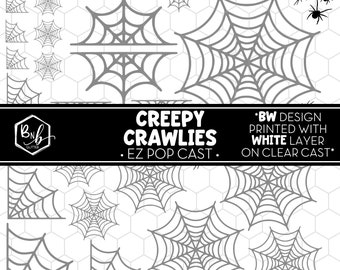 Creepy Crawlies || EZ POP Cast • White Webs and Black Spiders on Clear Cast with White Underlay