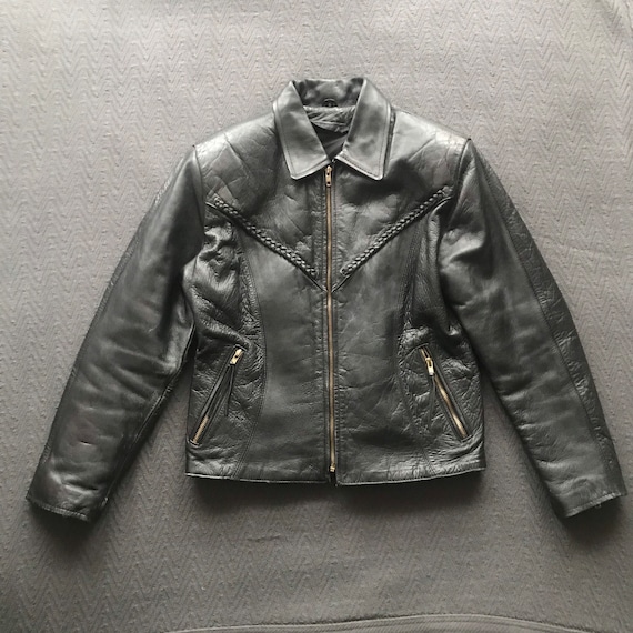 Vintage | Black Leather Motorcycle Jacket Braided… - image 1