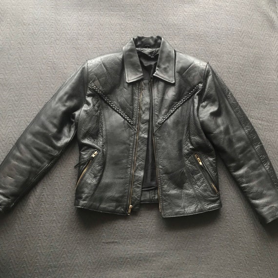 Vintage | Black Leather Motorcycle Jacket Braided… - image 2