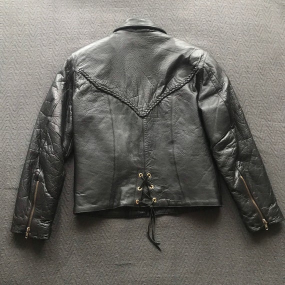 Vintage | Black Leather Motorcycle Jacket Braided… - image 4