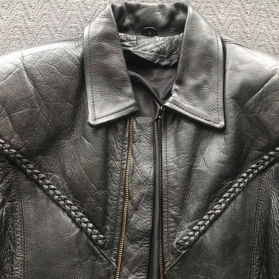 Vintage | Black Leather Motorcycle Jacket Braided… - image 3