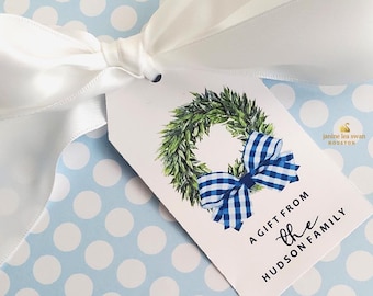 Farmhouse Wreath Gift Tags Monogram Gift Tags Custom Farmhouse Gifts Family Gift Tags Gingham Print Country Gifts