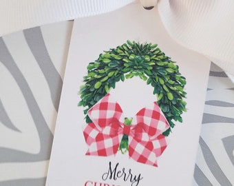 Boxwood Wreath Gift Tags Monogram Gift Tags Custom Gift Tag Family Gift Tags Gingham Print Gift Plaid Gift Tag Wreath Tags  24 for 17.00