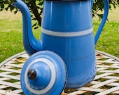 French Vintage Graduated Blue and White Pinstriped Enamel Coffee Pot Cafetiere, Vintage Cuisine Chic, Rare Kitchenalia Piece