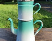 Striking Antique French Vivid Graduated Jade Green White Enamel Enamelled Biggin Coffee Pot Cafetiere, Cuisine Chic French Kitchenalia