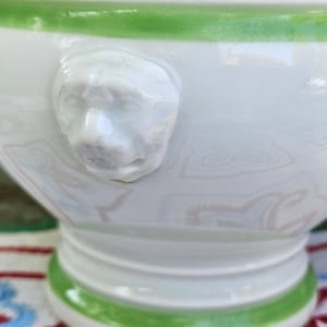 RARE Pair of Green Banded White Vintage French Porcelaine Individual Soup Dishes-Lion Head Handles Soupière Tête de Lion Porcelaine Blanche