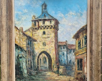 Escena campestre francesa de mediados de siglo, óleo sobre lienzo con técnica impasto, enmarcado, firmado por el artista, limpieza profesional.