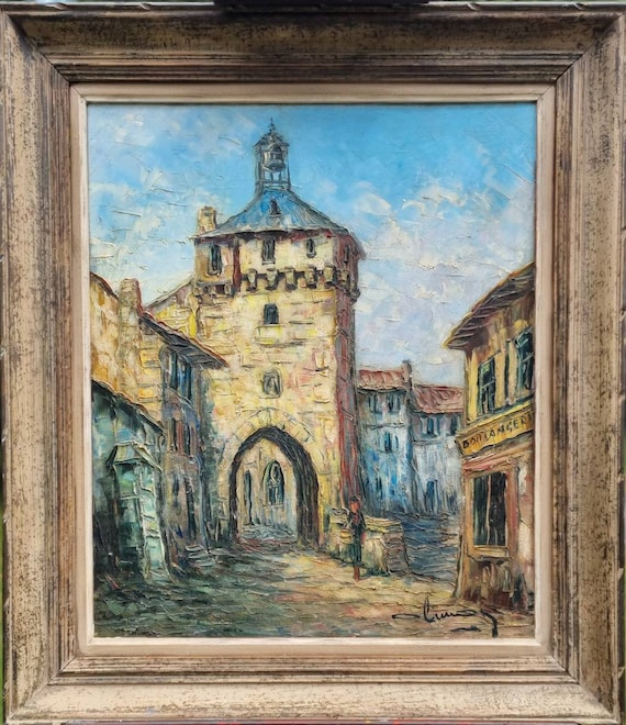 Vintage French Country Village Scene Mid-Century Impasto Framed Oil on Canvas, Huile sur Toile, Artist Signed Professionally Cleaned Tableau