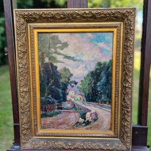 1900's Art-Deco Antieke Franse Ingelijste Atmosferische Olie op Canvas Rustieke Dorpsweg Tableau / Schilderij, Professioneel Schoon,Neutraal Landelijk