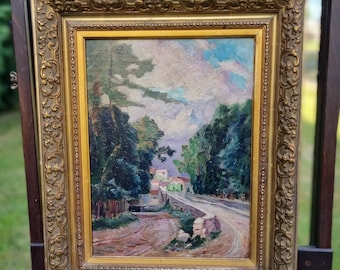 1900年代のアールデコアンティークフランス額入り雰囲気のあるキャンバスの油絵、素朴な村の道の風景 / 絵画、プロフェッショナルクリーン、ニュートラルな田舎