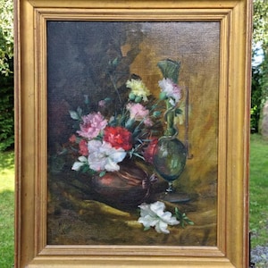 Antique French Artist-signed Still Life Oil on Canvas Tableau-Multi-florals & Tall Green Glass Vase-Professionally Cleaned, Original Frame