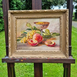 Stunning Antique French Gilt Framed Still Life-Goblet,Peaches & Grapes,Striking Coloured Oil on Canvas Composition,Beautiful Original Frame