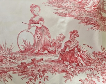 Peut inclure: Tissu de toile de Jouy rouge et blanc représentant une scène pastorale avec des personnages, un cerceau et une petite clôture. Le motif est un motif classique de toile de Jouy, avec des illustrations détaillées de personnes dans un cadre paysager. Le tissu convient à divers projets de décoration intérieure.