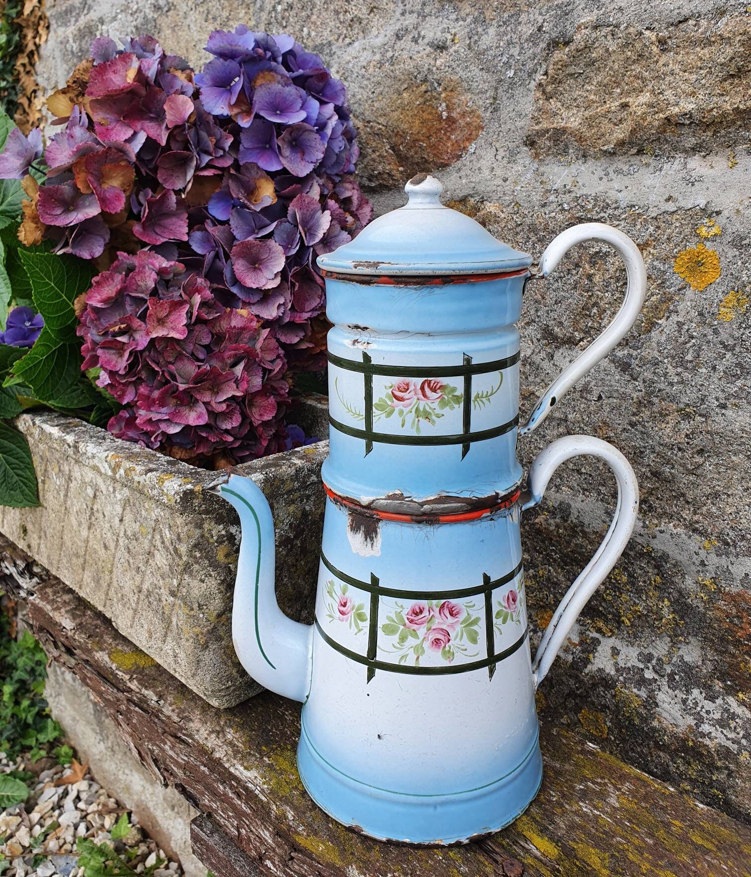 Saisissant Rare Antique Français Bleu avec Rose Treellis Émail Émaillé Biggin Cafetière/Cafetière, C