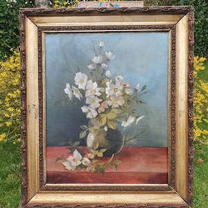 Antique French signed Oil on Canvas,Sublime Still Life Tableau-Dog Roses in a Bulbous Vase by ALLARD, Original Frame,Professionally Restored