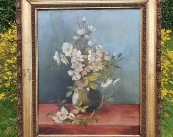 Antique French signed Oil on Canvas,Sublime Still Life Tableau-Dog Roses in a Bulbous Vase by ALLARD, Original Frame,Professionally Restored