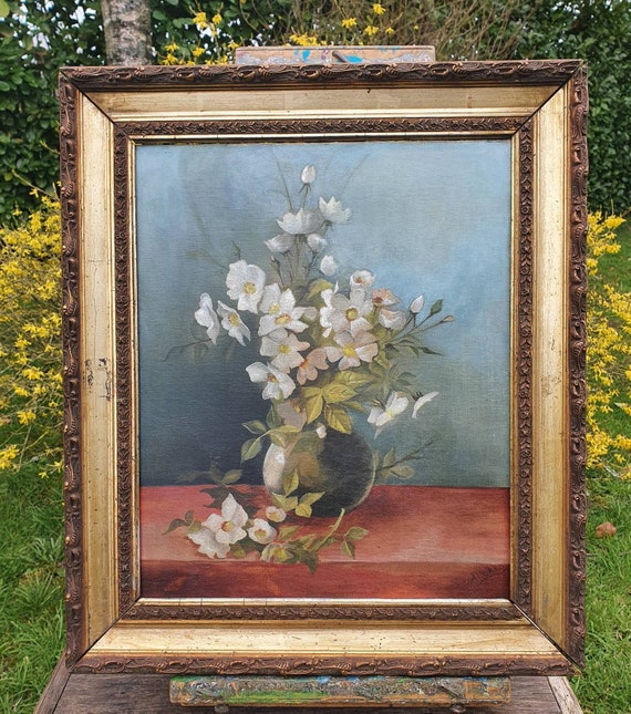 Antique French signed Oil on Canvas,Sublime Still Life Tableau-Dog Roses in a Bulbous Vase by ALLARD, Original Frame,Professionally Restored