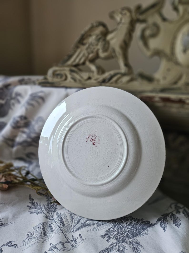Häpnadsväckande 1800-tals antika franska Assiette / Tallrik - Modell 'Rambouillet' de K & G Luneville en Terre de Faïence Rose / Rosa och vita fåglar... bild 7
