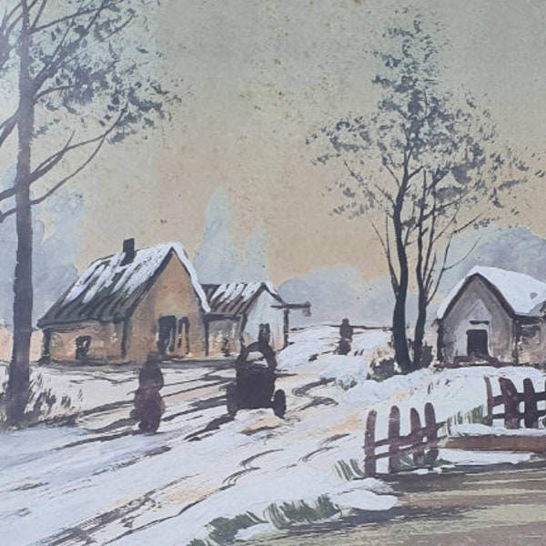 Charming Vintage French Framed Snowscape Tableau,signed Raymond Blossier,Watercolour / Aquarelle Painting of a Rural Winter Landscape,c.1950