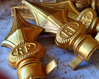Single* Antique French RF Republique Francaise Traditional Gilt Toleware Flag Flagpole Finial, Authentic Stored Unused Patina,Great Display