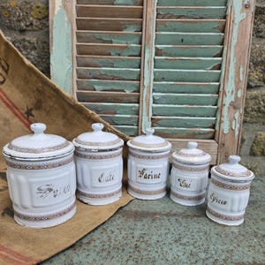 Fabulous Rare Set of 5 x Antique French Art-Deco Graduated White & Patterned Enamel Storage Jars / Cannisters, Fab Vintage Kitchenalia Items