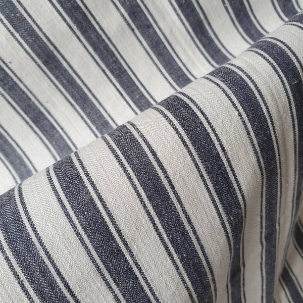 Rare Antique French Indigo Blue & White Narrow Striped Cotton Linen Ticking Fabric Remnant -Perfect Authentic French Home Decor Textile.....