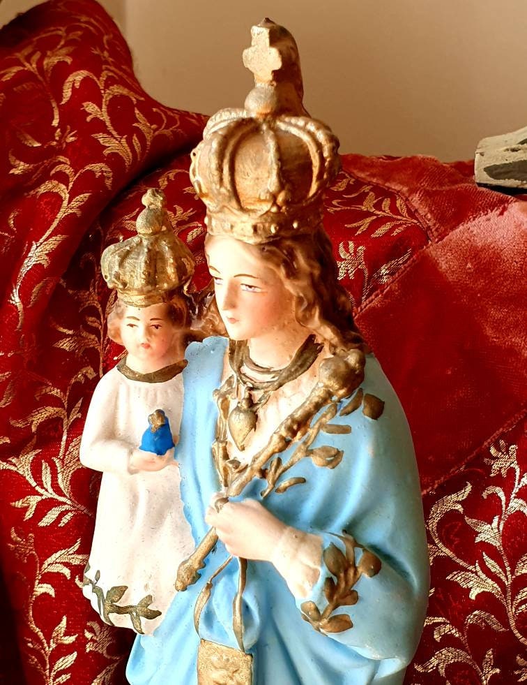 Superbe Antique Français Religieux Sublime Sentimental Vierge à L'enfant Peinte La Main Plâtre/Chalk