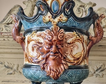 Magnificent Antique French Mythological Satyr / Fawn Majolica Barbotine Jardinière / Jardinere / Cachepot-with Lizard Handles-Incredible!!