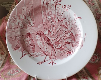 Stunning Rare 19thC Antique French Pink & White Birds and Rabbits Terre de Fer Faïence Art-Nouveau Plate-XIX ème Décor Oiseaux et Lapins....
