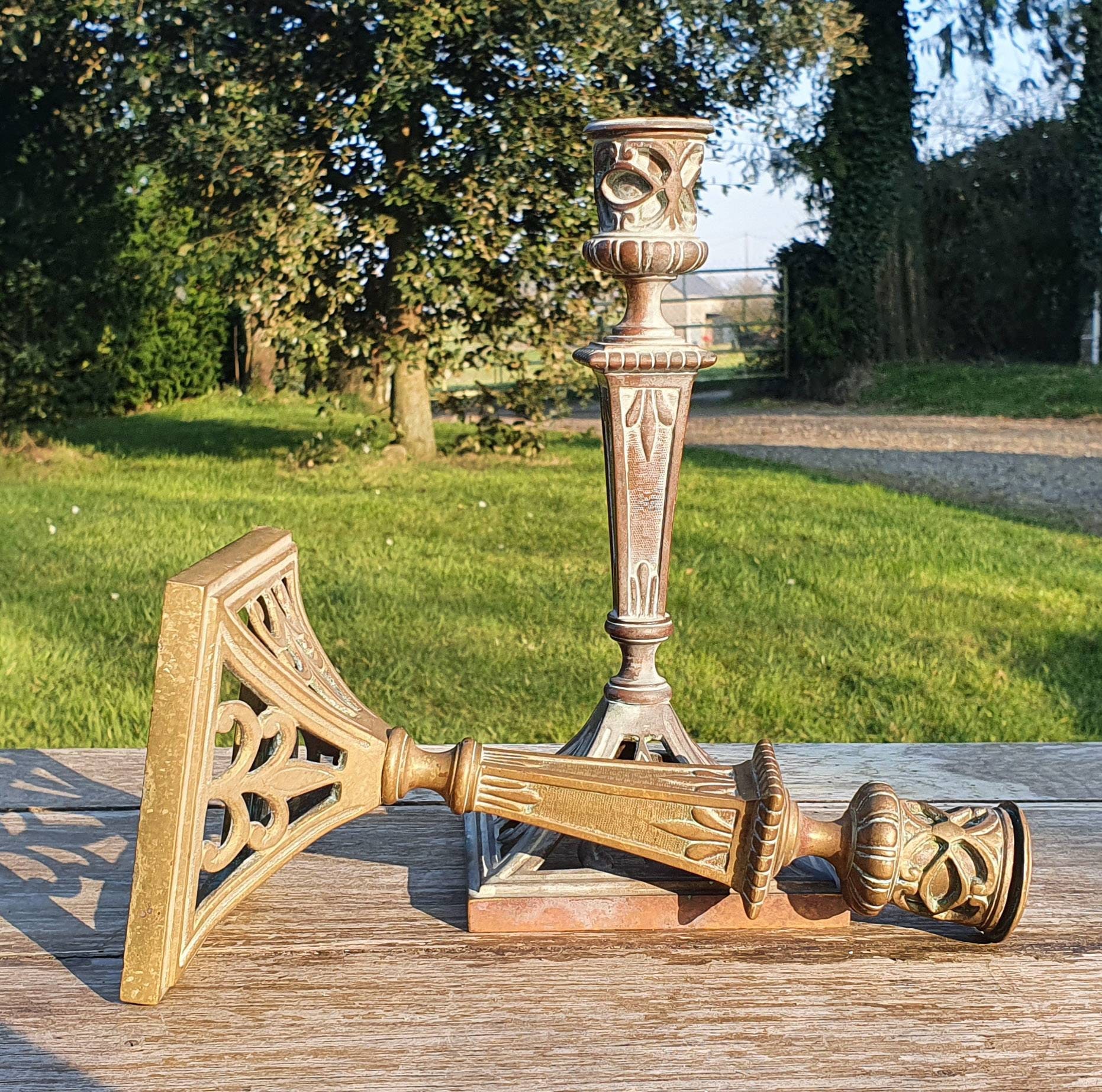 striking & Unique Antique Français Arts & Crafts, Art-Nouveau Gilt Bronze Ormolu Bougeoirs, Candlest