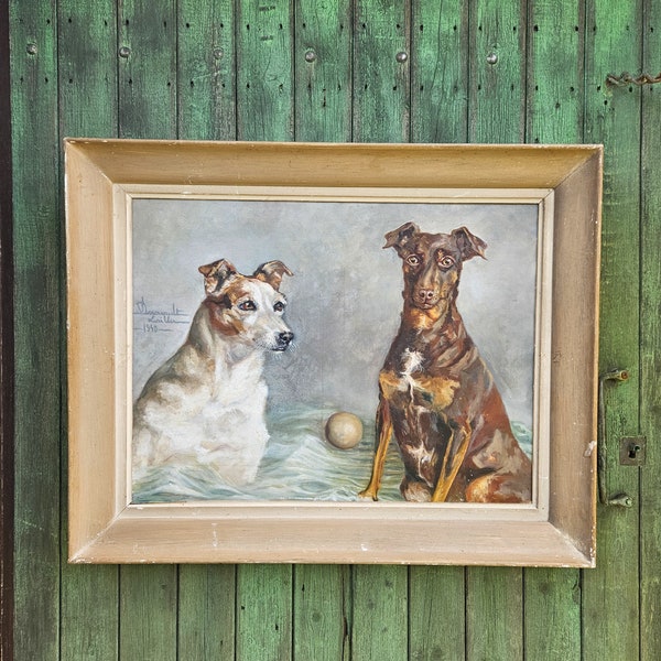 Charming Delightful Antique French Oil on Canvas 0f Devoted Canine Companions Tableau / Painting, Original Patina, Neutral Rural Home Decor