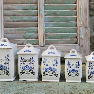 Stunning Antique French Art-Nouveau Hand-Decorated Graduated Ceramic Storage Jars / Cannisters-Vintage French Cuisine Kitchenalia-1910-20&#39;s