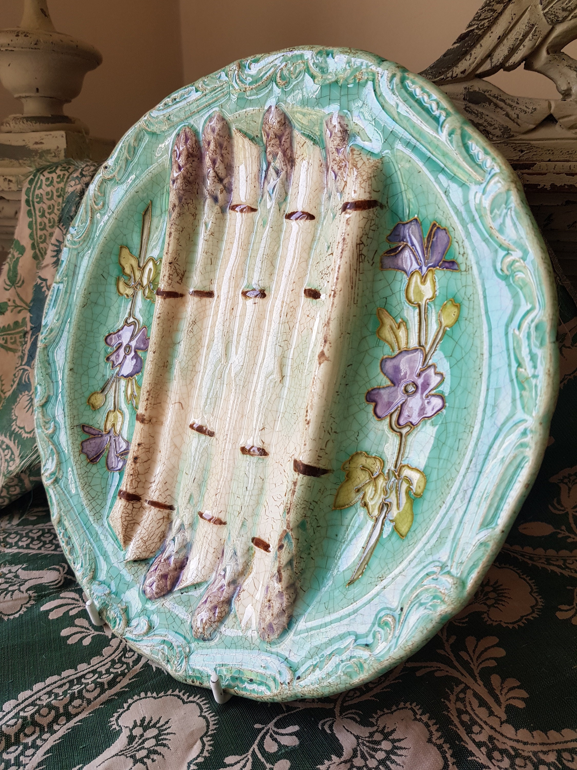 Plat à Asperge Vintage Barbotin - Porcelaine Multicolore - État D'occasion Bon