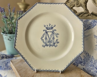 Rare 19thC Antique French DUCOT KINTZEL Bordeaux Octagonal Ironstone Plate-Couronne Monogrammed Collectable-INDIANA Design- Use / Display..