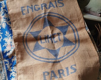 Saco de yute/arpillera francés antiguo, versátil y fabuloso para publicidad parisina, con logotipos y textos grandes y transparentes, ideal para tapicería, etc.