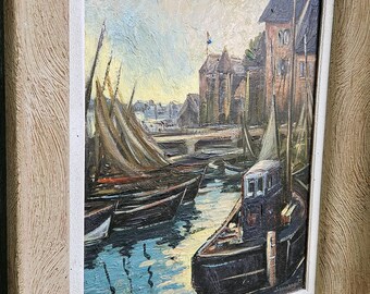 ヴィンテージ　フランス　油絵 ヴィンテージ フランス製 サイン入り 海事港湾風景 タブロー絵画