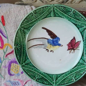 Striking 19thC Antique French Barbotine Majolica Butterfly Bluebird & Papillon Butterfly Wall Plate-Detailed Decoration throughout-Fab Piece
