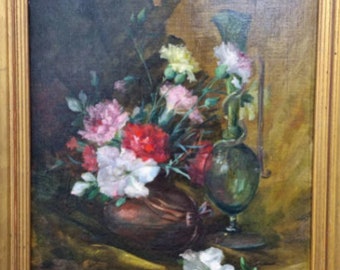 Tableau Nature Morte – Huile Sur Toile Bouquet De Fleurs, Signé, École Française