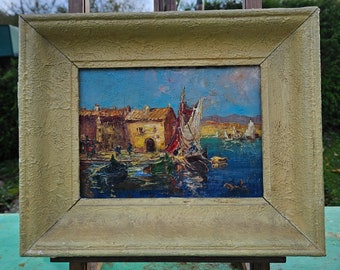 Cuadro vintage francés enmarcado en impasto de mediados de siglo con un vívido paisaje marino mediterráneo, óleo sobre tabla, pintura Huile sur Bord, obra firmada, c. 1950