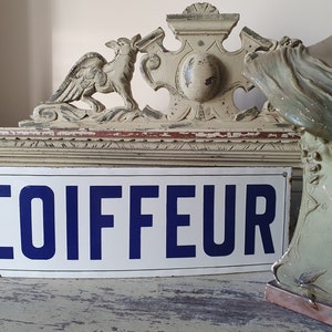 Fabulously French Scarce Striking Antique Enamel COIFFEUR Advertising / Publicité Enamelled Cobalt Blue & White Sign-Loft / Appartment Decor