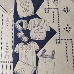 Peut inclure: Un patron de couture vintage pr&eacute;sentant des motifs de broderie pour lingerie, chemisiers et chemises. Le patron comprend une vari&eacute;t&eacute; de motifs floraux et g&eacute;om&eacute;triques, ainsi que des instructions pour la cr&eacute;ation de diff&eacute;rents types de v&ecirc;tements. Le texte sur le patron indique "CABLE 6 FILS J. T. P. F. A LA T&Ecirc;TE DE CHEVAL >> VERT".