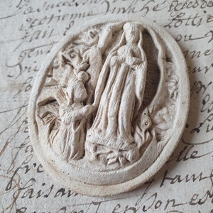 Rare 19thC Antique French Meerschaum / Plaster Religious Domed Reliquary Diorama Cameo, portraying the Famous Apparition de Lourdes