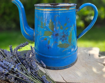 Gorgeous Antique French Floral Enamelled Blue Pitcher / Jug / Cafetiere Base-Vintage French Kitchenalia-1930's Cuisine Chic-Beautiful Item..