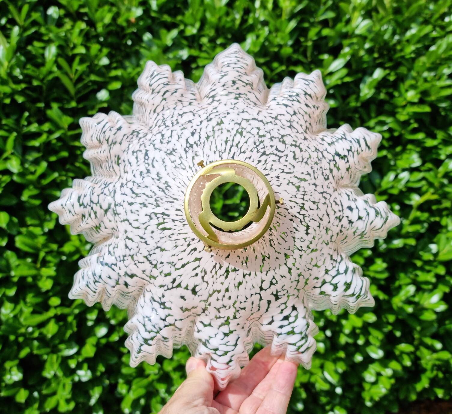 Superbe Français Antiques Art-Déco Marbrés Pastel Rose Cannelé Fleur Verre Plafonnier, Abat-Jour, Om