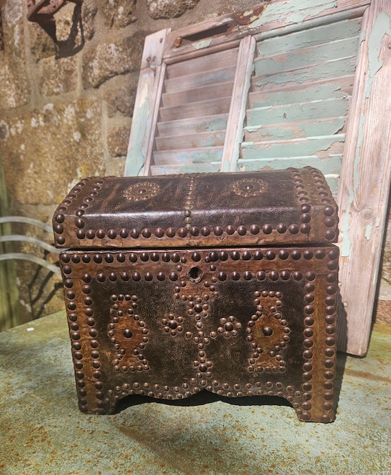 Timeworn Medieval-style Antique French Leather-covered Studded